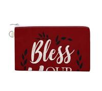 Jubonexis Canvas Wallet Bag,Bless Our Home Deep Red Linen Texture Print Coin Purse, Zipper Change Purse,Small Cosmetic Bag