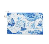 Jubonexis Canvas Wallet Bag,Blue Boats on White Ocean Wave Print Coin Purse, Zipper Change Purse,Small Cosmetic Bag