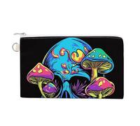 Jubonexis Canvas Wallet Bag,Blue Skull with Colorful Mushrooms Print Coin Purse, Zipper Change Purse,Small Cosmetic Bag