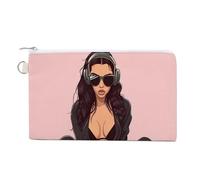 Jubonexis Canvas Wallet Bag,Cartoon Woman Wearing Sunglasses Print Coin Purse, Zipper Change Purse,Small Cosmetic Bag