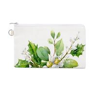 Jubonexis Canvas Wallet Bag,Christmas Greenery with Holly Mistletoe Snow Print Coin Purse, Zipper Change Purse,Small Cosmetic Bag