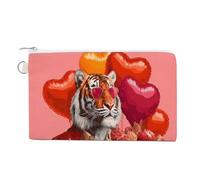 Jubonexis Canvas Wallet Bag,Cool Tiger Holding Heart-Shape Balloons Roses Print Coin Purse, Zipper Change Purse,Small Cosmetic Bag