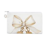 Jubonexis Canvas Wallet Bag,Cute Gold Wedding Bells with White Coquette Bow Print Coin Purse, Zipper Change Purse,Small Cosmetic Bag