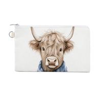 Jubonexis Canvas Wallet Bag,Cute Highland Cow and Blue Flowers Print Coin Purse, Zipper Change Purse,Small Cosmetic Bag