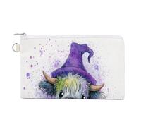 Jubonexis Canvas Wallet Bag,Cute Highland Cow Purple Wizard Hat Print Coin Purse, Zipper Change Purse,Small Cosmetic Bag