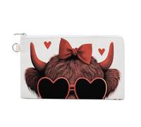 Jubonexis Canvas Wallet Bag,Cute Highland Cow with Heart Glasses Bow Print Coin Purse, Zipper Change Purse,Small Cosmetic Bag