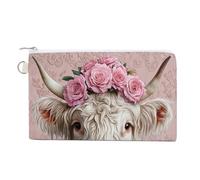 Jubonexis Canvas Wallet Bag,Cute Highland Cow with Pink Roses Print Coin Purse, Zipper Change Purse,Small Cosmetic Bag