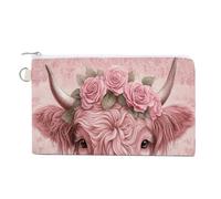 Jubonexis Canvas Wallet Bag,Cute Pink Highland Cow with Roses Print Coin Purse, Zipper Change Purse,Small Cosmetic Bag