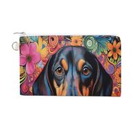 Jubonexis Canvas Wallet Bag,Dachund Dog Colorful Flowers Retro Print Coin Purse, Zipper Change Purse,Small Cosmetic Bag