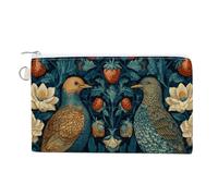 Jubonexis Canvas Wallet Bag,Dark Blue Bird Flower Botanical Pattern Print Coin Purse, Zipper Change Purse,Small Cosmetic Bag