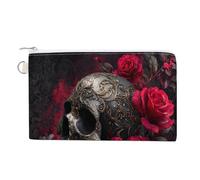 Jubonexis Canvas Wallet Bag,Dark Gothic Skull and Red Rose Print Coin Purse, Zipper Change Purse,Small Cosmetic Bag