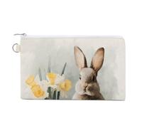 Jubonexis Canvas Wallet Bag,Easter Bunny Eggs and Daffodils Print Coin Purse, Zipper Change Purse,Small Cosmetic Bag