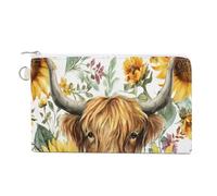 Jubonexis Canvas Wallet Bag,Fall Sunflower Floral Highland Cow Print Coin Purse, Zipper Change Purse,Small Cosmetic Bag