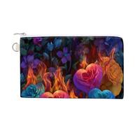Jubonexis Canvas Wallet Bag,Fire Heart with Flowers Roses Print Coin Purse, Zipper Change Purse,Small Cosmetic Bag