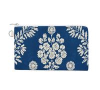 Jubonexis Canvas Wallet Bag,Folk Block Cream on Blue Print Coin Purse, Zipper Change Purse,Small Cosmetic Bag