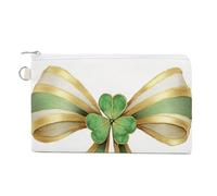 Jubonexis Canvas Wallet Bag,Gold Bow with A Green 4-Leaf Clover Print Coin Purse, Zipper Change Purse,Small Cosmetic Bag