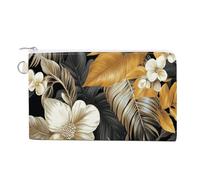 Jubonexis Canvas Wallet Bag,Gold Grey Palm Leaves Flowers Print Coin Purse, Zipper Change Purse,Small Cosmetic Bag