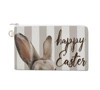 Jubonexis Canvas Wallet Bag,Happy Easter Cute Bunny Brown Beige Stripes Print Coin Purse, Zipper Change Purse,Small Cosmetic Bag