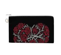 Jubonexis Canvas Wallet Bag,Heart-Shaped Pattern Roses and Branches Print Coin Purse, Zipper Change Purse,Small Cosmetic Bag