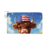 Jubonexis Canvas Wallet Bag,Highland Cow Calf Wearing American Flag Hat Print Coin Purse, Zipper Change Purse,Small Cosmetic Bag