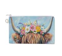 Jubonexis Canvas Wallet Bag,Highland Cow Crown of Colorful Flowers Print Coin Purse, Zipper Change Purse,Small Cosmetic Bag