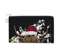 Jubonexis Canvas Wallet Bag,Highland Cow Wearing Santa Hat Lights Print Coin Purse, Zipper Change Purse,Small Cosmetic Bag