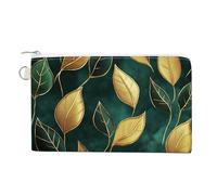 Jubonexis Canvas Wallet Bag,Luxurious Forest Green and Gold Leaf Pattern Print Coin Purse, Zipper Change Purse,Small Cosmetic Bag