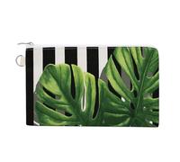 Jubonexis Canvas Wallet Bag,Monstera Leaves on Black White Striped Print Coin Purse, Zipper Change Purse,Small Cosmetic Bag