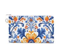 Jubonexis Canvas Wallet Bag,Orange Flowers Traditional Folk Motifs Print Coin Purse, Zipper Change Purse,Small Cosmetic Bag