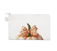Jubonexis Canvas Wallet Bag,Orange White Checkered Pumpkin with Bow Print Coin Purse, Zipper Change Purse,Small Cosmetic Bag