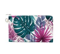 Jubonexis Canvas Wallet Bag,Palm Leaves and Monstera Pink Green Print Coin Purse, Zipper Change Purse,Small Cosmetic Bag