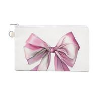 Jubonexis Canvas Wallet Bag,Pastel Pink Satin Ribbon Bow with Long Flowing Tails Print Coin Purse, Zipper Change Purse,Small Cosmetic Bag