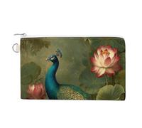 Jubonexis Canvas Wallet Bag,Peacock Standing Near A Lotus Pond Print Coin Purse, Zipper Change Purse,Small Cosmetic Bag