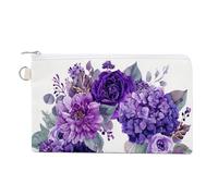 Jubonexis Canvas Wallet Bag,Purple Flowers Wreath Hydrangeas Peony Rose Print Coin Purse, Zipper Change Purse,Small Cosmetic Bag
