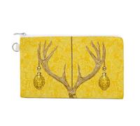 Jubonexis Canvas Wallet Bag,Reindeer Antlers with Yellow Bells Merry Christmas Print Coin Purse, Zipper Change Purse,Small Cosmetic Bag