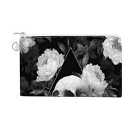 Jubonexis Canvas Wallet Bag,Skull and Peonies Black and White Print Coin Purse, Zipper Change Purse,Small Cosmetic Bag