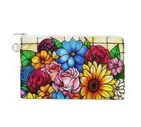Jubonexis Canvas Wallet Bag,Stained Glass Colorful Wildflowers Daisy Rose Sunflower Print Coin Purse, Zipper Change Purse,Small Cosmetic Bag
