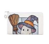 Jubonexis Canvas Wallet Bag,Stained Glass Cute Ghost Holding Old Broom Print Coin Purse, Zipper Change Purse,Small Cosmetic Bag