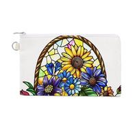 Jubonexis Canvas Wallet Bag,Stained Glass Floral Basket Daisy Rose Sunflower Print Coin Purse, Zipper Change Purse,Small Cosmetic Bag
