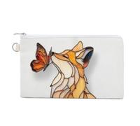 Jubonexis Canvas Wallet Bag,Stained Glass Fox with A Butterfly Print Coin Purse, Zipper Change Purse,Small Cosmetic Bag