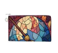 Jubonexis Canvas Wallet Bag,Stained Glass Retro Wizard's Broom Print Coin Purse, Zipper Change Purse,Small Cosmetic Bag