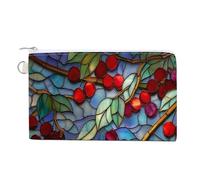 Jubonexis Canvas Wallet Bag,Stained Glass Tree Ripened Cherries Print Coin Purse, Zipper Change Purse,Small Cosmetic Bag