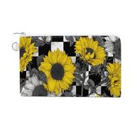Jubonexis Canvas Wallet Bag,Sunflowers Pandas on Black White Checkered Print Coin Purse, Zipper Change Purse,Small Cosmetic Bag