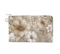 Jubonexis Canvas Wallet Bag,Tan Beige White Flowers Floral Vintage Boho Print Coin Purse, Zipper Change Purse,Small Cosmetic Bag