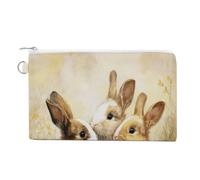 Jubonexis Canvas Wallet Bag,Three Cute Bunnies on The Grass Wildflowers Print Coin Purse, Zipper Change Purse,Small Cosmetic Bag