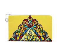 Jubonexis Canvas Wallet Bag,Traditional Religious Symbols on Yellow Stained Glass Print Coin Purse, Zipper Change Purse,Small Cosmetic Bag
