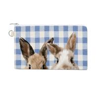 Jubonexis Canvas Wallet Bag,Two Bunnies Flower Easter Egg Blue White Checker Print Coin Purse, Zipper Change Purse,Small Cosmetic Bag
