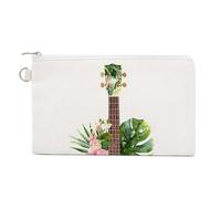 Jubonexis Canvas Wallet Bag,Ukulele with Tropical Plants Hibiscus Flowers Print Coin Purse, Zipper Change Purse,Small Cosmetic Bag
