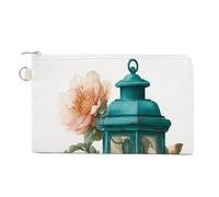 Jubonexis Canvas Wallet Bag,Vintage Teal Lantern with Peonies Print Coin Purse, Zipper Change Purse,Small Cosmetic Bag