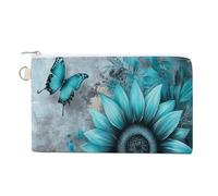 Jubonexis Canvas Wallet Bag,Vintage Teal Sunflower with Butterflies Print Coin Purse, Zipper Change Purse,Small Cosmetic Bag